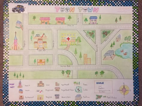 Map with Keys Scale Compass Elementary School Project.. My son found some keys idea from the internet and created his own street path... Colorful... everyone loved it!! Create Your Own Map Project, Elementary School Social Studies Activities, Geometry Map Project, Geometry Town Project, Map School Project Ideas, Geometry City Project, Map Projects For Kids, Community Map Drawing, Community Map