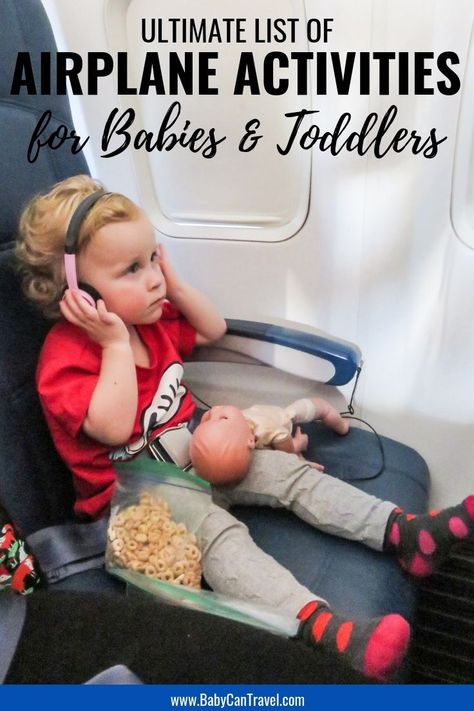 Flying with a baby or an active toddler? At each stage of development, you'll need new ways to entertain your baby on a flight. Every kid is different and enjoys playing with different toys or books for different lengths of time (or in different ways). Here is the ultimate list of airplane activities to keep any baby or toddler busy during a flight. #flyingwithbaby #flyingwithtoddler #airplane #travelwithbaby #toddlertravel #babytravel #airplaneactivities #baby #toddler Flying With A Toddler, Travel Tips With Baby, Airplane Activities, Flying With Kids, Flying With A Baby, Airplane Baby, On An Airplane, Toddler Travel, Airplane Travel