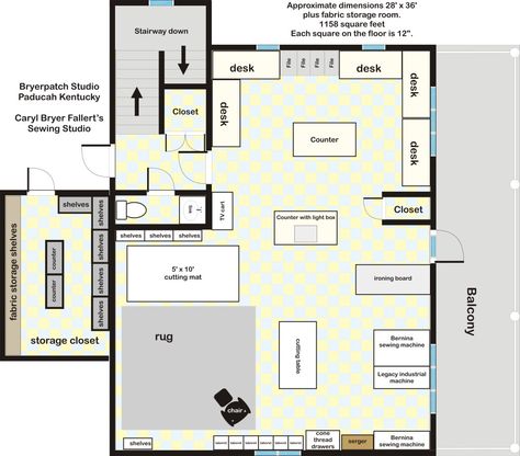 This is carol byert fallerts studio plans, i like the sitting area, sometimes you just need to think, or read, or look at reference books ds or a laptop.note open space around island work areas. Quilting Studio Sewing Spaces, Sewing Room Design Layout, Sewing Studio Layout, Sewing Room Layout, Studio Layouts, Sewing Studio Organization, Quilt Sewing Room, Studio Layout, Sewing Spaces