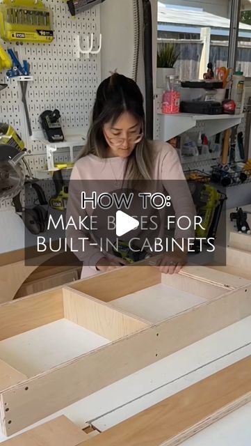 Natalie Park | DIY, Builds & Design on Instagram: "This is how I like to make my bases for built-in cabinets!   I learned how to do it this way from Jason at @bentswoodworking and I haven’t veered from it since. It’s pretty simple and uses extra plywood you may have laying around.   Making the bases separate from the cabinet itself makes it much easier to level the bases first and then secure to the studs in the wall. Then you can just plop your cabinet boxes on top and you know they will be level.   Making the upside down “L’s” for the ends of the base and the “T’s” for the middle where 2 cabinets meet up allows for you to secure your cabinets directly down into the base with a few cabinet screws.  Again with all things, there’s a million ways to execute the same thing, so pick what you p Wall Cabinets As Base Cabinets, How To Make Cabinets, Custom Built Cabinets, Diy Construction, Kitchen Base Cabinets, Build A Frame, Mdf Cabinets, Plywood Boxes, Framed Cabinet