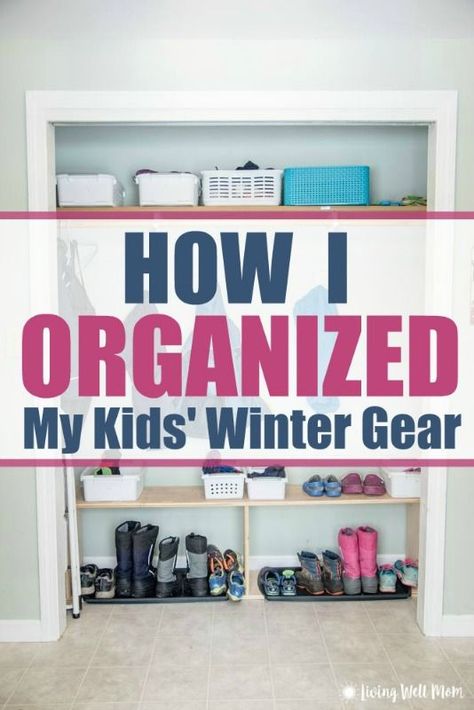 Having a tough time getting your kids' winter gear organized this season? Check out how we organized our family coat closet to neatly fit our four children's winter wear. Plus two essential tips for successful organizing with kids you won't want to miss! Winter Gear Storage Small Space, Mudroom Winter Gear Storage, Organizing Winter Gear, Snow Clothes Organization, Winter Accessories Storage, Winter Gear Storage, Winter Gear Organization, Winter Clothes Organization, Simple Closet Organization