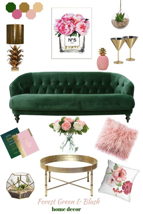 Everything it's gonna be beautiful if you choose forest green and blush pink. Minimal and cozy this interior style can make your house to stand out. The modern vibe from the decorations with the classic one from the furniture makes this room the perfect choice when it comes to room decor ideas. would you try it? #loungeroomdecorations #livingroomdecoratingideas #roomdecorideas #homedecor Blush Pink Living Room, Pink Living Room Decor, Green Living Room Decor, Velvet Couch, Pink Living Room, Living Room Green, Green Rooms, Room Decor Ideas, Living Room Colors