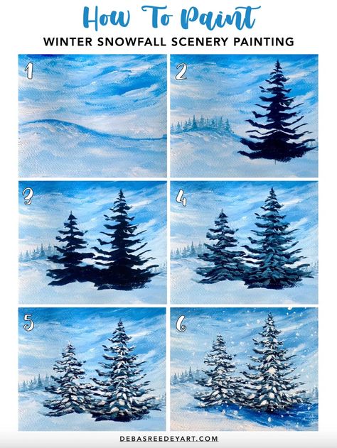 Winter Snowfall Scenery Painting - Easy Winter Painting Ideas For Beginners 8x10 Acrylic Paintings, How To Paint Winter Scene Step By Step, Winter Sunrise Painting, Winter Art Painting Easy, Acrylic Painting Ideas Winter, How To Paint Snow Acrylics, Winter Painting Tutorial Acrylic, Winter Scenes Paintings, Winter Wonderland Painting Easy