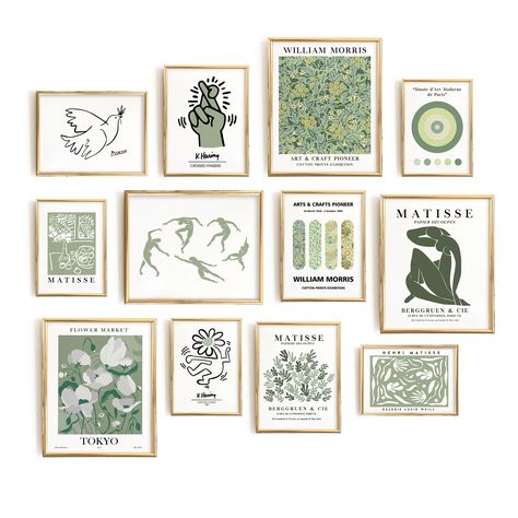 PRICES MAY VARY. 🌿 Timeless Artistry from Famous Artists: Elevate your space with a curated collection featuring iconic artists like Matisse, Morris, Keith, and more. These unframed sage green decor bring a diverse range of artistic styles into your home, adding a touch of sophistication to any room. 🌱 Sage Green Tranquility for Aesthetic Harmony: Infuse your space with the soothing and calming aura of sage green. This set is meticulously curated to complement your sage green room decor, creat Blue And Green Wall Art, Sage Green Wall Decor, Monochrome Gallery Wall, Aesthetic Environment, Sage Green Art, Green Posters, Boho Decor Bedroom, Illustrator Video, Abstract Gallery Wall