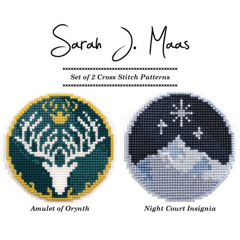 "Set of 2 cross stitch patterns inspired by Sarah J Maas' books: * AMULET OF ORYNTH - from the Throne of Glass series * NIGHT COURT INSIGNIA - from the A Court of Thorns and Roses series. These patterns use DMC colours and have been designed to be stitched on 14ct plastic canvas. Simply display your finished piece, no framing required, or turn it into a coaster, Christmas ornament or bookmark. Alternatively, you may choose to stitch on a different medium eg. aida. These designs have been test st Amulet Of Orynth, Night Court Insignia, Bookmark Crochet, Night Court, Cross Stitch Bookmarks, Stitch Book, Crochet Bookmarks, Cute Cross Stitch, Crochet Cross