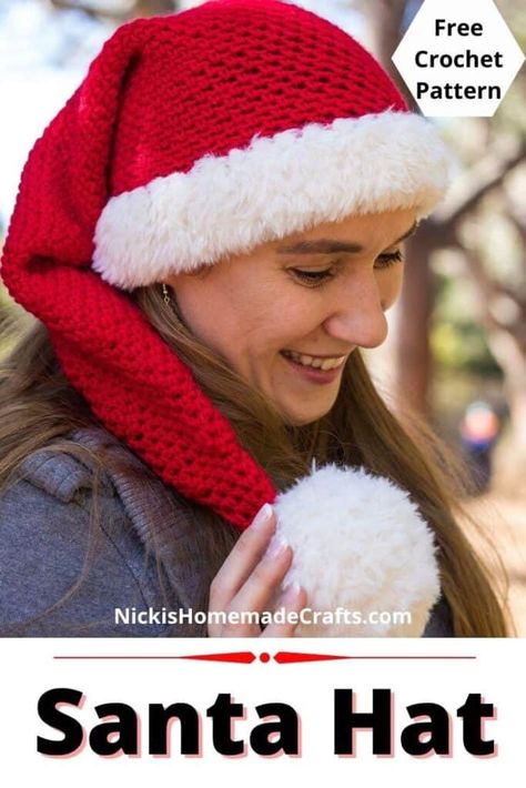 Learn how to crochet this long and cute Santa Hat using this free pattern. It uses basic crochet stitches as well as worsted weight and faux fur yarn and is perfect for the Holiday and Christmas season. It can be made in any size you want. It's the perfect quick weekend project for sure. Video Tutorial included. #crochet #pattern #crochetpattern #diy #freecrochetpattern #freepattern #worstedyarn #yarn #crochetearrings #diyprojects #diyideas #crochetstitch #tutorial #giftideas #stitchtutorial #s Crochet Santa Hat Free Pattern, Crochet Santa Hat Pattern, Santa Hat Pattern, Crochet Santa Hat, Crochet Christmas Hats, Chemo Hats, Crochet Santa, Stocking Hat, Santa Claus Hat