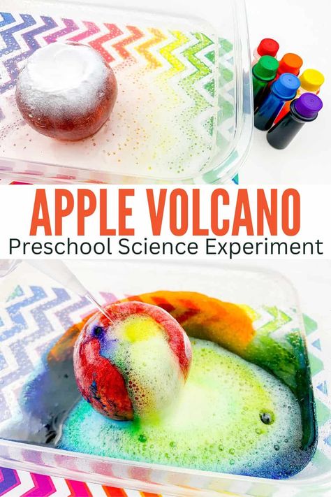 Setting up an apple volcano science experiment for preschoolers is a great way to engage them in an awesome STEM activity this fall! Experiment For Preschoolers, Fall Science Activities, Apple Science Experiments, Apple Theme Activities, Preschool Apple Activities, Fall Stem Activities, Preschool Apple Theme, Stem Activities Preschool, Fall Science