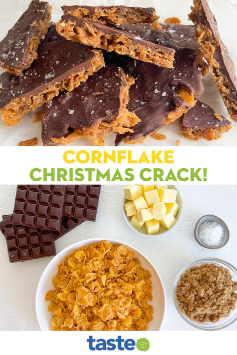 On Christmas, there's always room for some cornflake crack...get ready to literally *crack* this school fete-inspired snack. Clod Hoppers Recipe, Treats With Corn Flakes, Cornflake Clusters Recipe, Christmas Cornflake Cookies, Chocolate Cornflake Crackles, Cornflake Christmas Cookies, Things To Make With Corn Flakes, Frosted Flakes Dessert, Cornflake Wreath Cookies