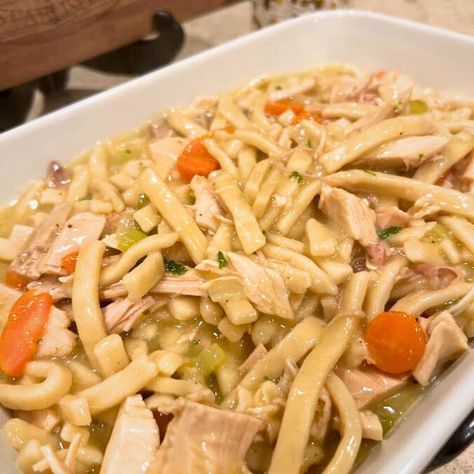 A spin on chicken and noodles, this old fashioned turkey and noodles recipe is a hearty and comforting classic just like grandma used to make. Thanksgiving Chicken Noodles Recipe, Turkey Noodle Soup Reames, Chicken Noodle Reames Noodles, Chicken And Frozen Egg Noodles, Turkey And Reames Noodles Recipe, Turkey Noodles Crockpot, Thanksgiving Egg Noodles, Turkey And Homemade Noodles, Turkey Noodles Over Mashed Potatoes