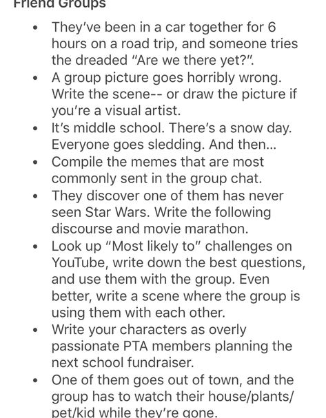 Writing Prompts to Get to Know Your Characters Better Writing Prompts Curses, Get To Know Your Character Writing Prompts, Group Writing Prompts, Ot4 Prompts, Parental Figure Writing Prompts, Writing Prompts Family, Friend Group Writing Prompts, Friend Group Prompts, Bickering Prompts