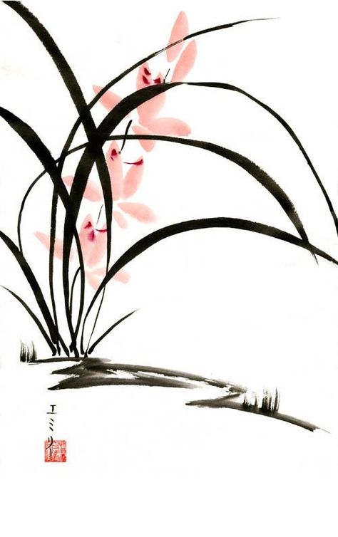 Sumi-e Orchids 1 by Lunael on DeviantArt Chinese Orchid, Japanese Ink Painting, Sumi E Painting, Japanese Watercolor, Chinese Art Painting, Chinese Brush Painting, Chinese Brush, Asian Painting, Japon Illustration