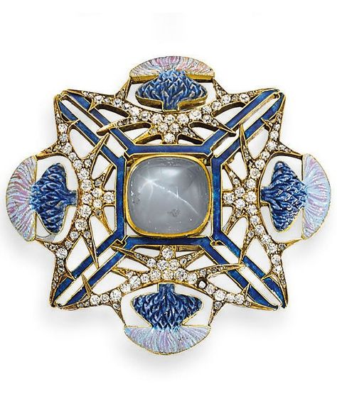 AN ART NOUVEAU GOLD, DIAMOND, STAR SAPPHIRE AND ENAMEL 'THISTLE' BROOCH, BY RENÉ LALIQUE, CIRCA 1900. Part of a parure which also includes a necklace and a bracelet. With French assay marks and maker's marks, signed Lalique for René Lalique. #Lalique #ArtNouveau #brooch Thistle Brooch, Thistle Jewellery, Brooch Diamond, Lalique Jewelry, Bijoux Art Deco, Bijoux Art Nouveau, Rene Lalique, Nouveau Jewelry, Art Nouveau Jewelry