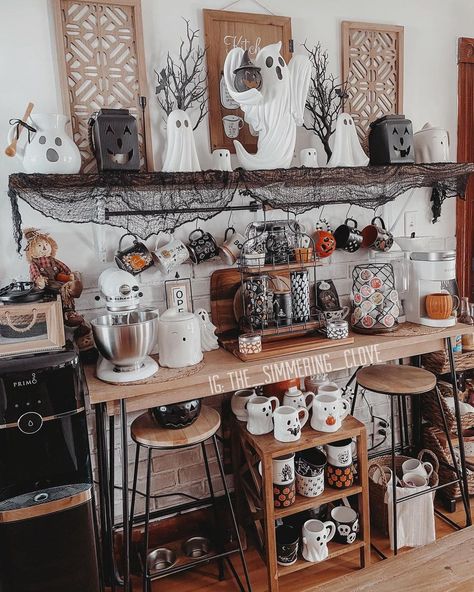 Forever Fall & Halloween🎃🍁 | My coffee bar is one of my favorite things to decorate for spooky season Oregon Halloween, Halloween Coffee Bar, Coffee Display, Halloween Mugs, Fall Kitchen Decor, Orange Coffee, Fall Kitchen, Mugs Coffee, Halloween Coffee