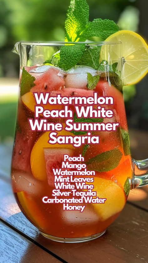 Watermelon Peach White Wine Summer Sangria Alcohol Pitcher Drinks, Watermelon Summer Drinks Alcohol, Watermelon Wine Recipe, Summer White Sangria Recipe, White Summer Sangria, Summer Pitcher Cocktails, White Wine Watermelon Sangria, Spring Sangria Recipes White Wines, Tequila Sangria