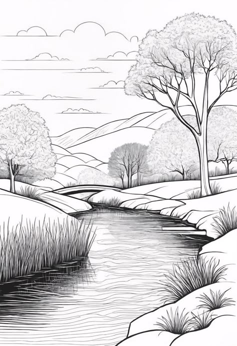 Premium Photo | A drawing of a river with trees coloring book illustration Lake Drawing Simple, How To Draw River, River Drawing Pencil, How To Draw A River, River Drawing Simple, Landscape Perspective Drawing, Buddha Birth, Landscape Ideas Drawing, River Sketch