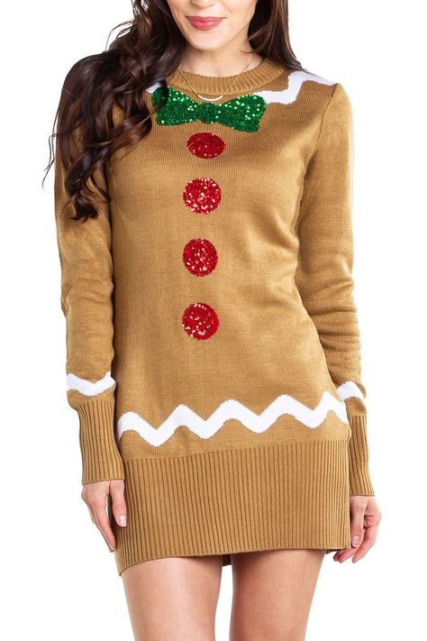 Christmas Dress Women Parties, Gingerbread Sweater, Ugly Christmas Sweater Dress, Elves Christmas, Snowman Dress, Elf Sweater, Diy Ugly Christmas Sweater, Christmas Sweater Dress, Holiday Dresses Women