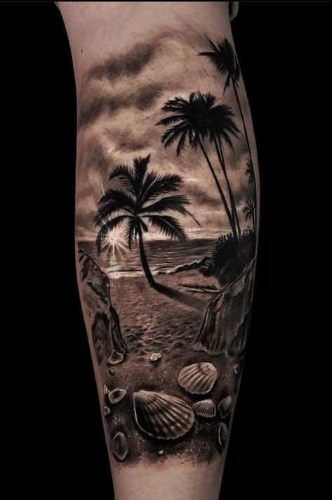 Beach Tattoo Sleeve, Strand Tattoo, Beachy Tattoos, Tree Sleeve Tattoo, Hawaii Tattoos, Tree Tattoos, Palm Tattoos, Men Tattoos Arm Sleeve, Ocean Tattoos