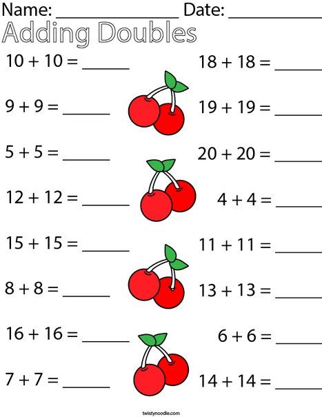 Adding Doubles to 20 Math Worksheet - Twisty Noodle Math Work Sheets For 2nd Grade, Doubles Worksheet, Doubles Addition, Math Exam, Doubles Facts, Math Addition Worksheets, First Grade Math Worksheets, Math Pages, Twisty Noodle