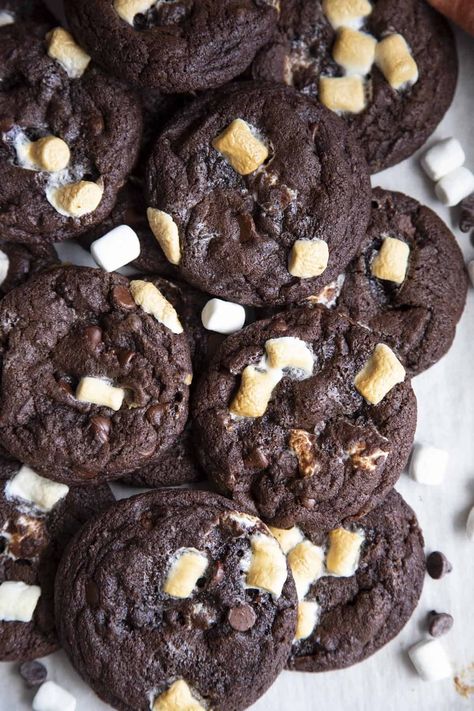 Chocolate Marshmallow Cookies Marshmellow Cookie, Marshmallow Cookie Recipes, Chocolate Chip Marshmallow Cookies, Chocolate Marshmallow Cookies, Hot Cocoa Cookies, Marshmallow Cookies, Chocolate Covered Marshmallows, Chocolate Marshmallow, Frozen Cookie Dough