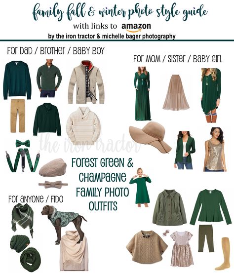 Taking the stress out of family pictures... clickable links take you straight to Amazon for color coordinated outfits in Forest Green & Champagne. These color palettes are perfect for fall and winter family photo sessions. Winter Green Family Picture Outfits, Green And Ivory Family Photo Outfits, Family Photo Outfits Early Fall, Green Color Family Pictures, Christmas Photoshoot Green Outfits, Forest Green Christmas Pictures, Forest Green Photo Outfits, Fall Green Family Pictures Outfits, Green And Champagne Family Photos