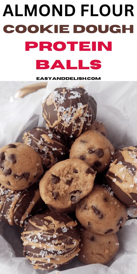 Get this easy and healthy snack on-the-go recipe for cookie dough protein balls! They are tasty low-carb energy bites for your sweet tooth! Protein Desserts Low Carb, Almond Flour Cookie Dough, Cookie Dough Protein Balls, Almond Flour Desserts, Healthy Protein Desserts, Protein Bites Recipe, High Protein Low Carb Snacks, Protein Powder Cookies, Protein Balls Healthy