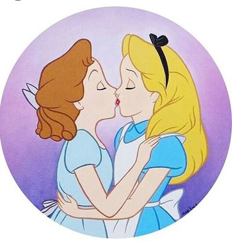 Wendy Darling and Alice in Wonderland share a lesbian kiss. Humor Disney, Disney Cartoon Characters, Images Disney, Dark Disney, Twisted Disney, Lesbian Art, Lgbt Art, Dope Art, Two Girls