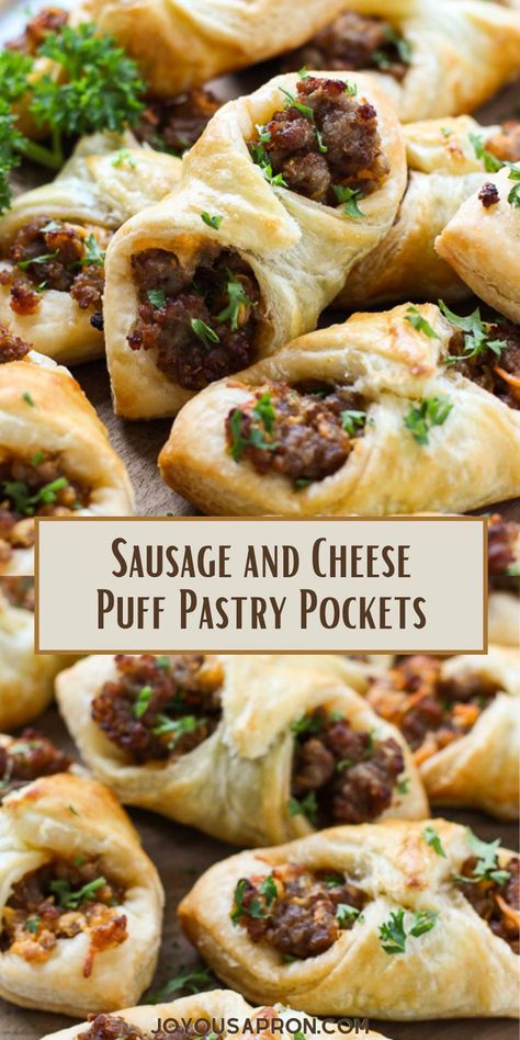 Sausage Puff Pastry Pockets - easy and yummy appetizer and finger food for game day or parties! Flaky puff pastry wrapped around ground sausage and cheese, then baked in the oven. A simple and fun party food using puff pastry. Sausage Puff Pastry, Fun Party Food, Puff Pastry Pockets, Using Puff Pastry, Puff Pastry Recipes Savory, Savory Puff Pastry, Puff Pastry Appetizers, Cheese Puff, Cheese Puff Pastry