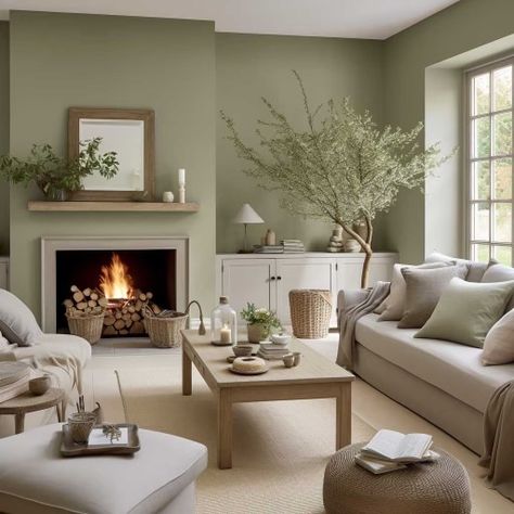 Light Green Living Room Paint, Olive Green Beige Living Room, Sage And Oak Living Room, Sage Green Front Room Ideas, Sage Green Living Room Furniture, Sage Green Grey Living Room, Sage Green Living Room With Fireplace, Pale Green Walls Living Room, Grey And Green Living Room Decor