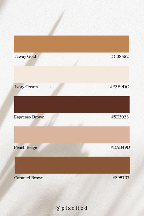 A warm earthy palette: Tawny Gold offers a rich, golden-brown hue. Ivory Cream brings a soft, creamy off-white. Espresso Brown adds a deep, dark brown reminiscent of coffee. Peach Beige introduces a warm, light peachy-beige. Caramel Brown rounds out the collection with a cozy, medium brown. Brown Tones Palette, Cream White Palette, Ivory Color Combinations, Golden Colour Palette, Caramel Color Palette, Rustic Color Palette, Room Shades, Color Scheme Generator, Earth Colour Palette