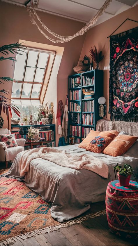 Cozy, bohemian-style bedroom with a bed, colorful pillows, bookshelves, plants, and wall art. Boho Red Bedroom, Eclectic Bedroom Color Palette, Cosy Boho Bedroom, Boho Bedroom Color Palettes, Room Inspo Cozy Boho, On The Floor Bed Ideas, Boho Vintage Bedroom, Hippie Room Decor Bohemian, Bedroom Inspo Boho