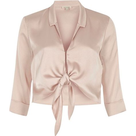 River Island Nude satin tie front shirt ($37) ❤ liked on Polyvore featuring tops, shirts, pink, satin shirt, 3/4 sleeve crop top, three quarter sleeve shirts, pink top and tie crop top Pink Satin Blouse, Three Quarter Sleeve Shirt, Latest Clothing Trends, Tie Front Shirt, Classic White Shirt, Satin Crop Top, Pink Long Sleeve Shirt, Pink Long Sleeve Tops, Office Fashion Women