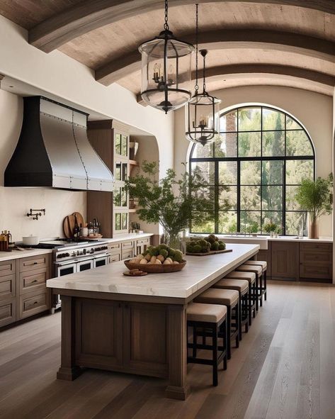 High End Transitional Kitchen, Step Down Family Room From Kitchen, Kitchen Modern Mediterranean, Spanish Home Kitchen, Spanish Style Homes Interior Kitchen, Big Island Kitchen, Italian Kitchen Aesthetic, Spanish Modern Kitchen, Spanish Inspired Kitchen