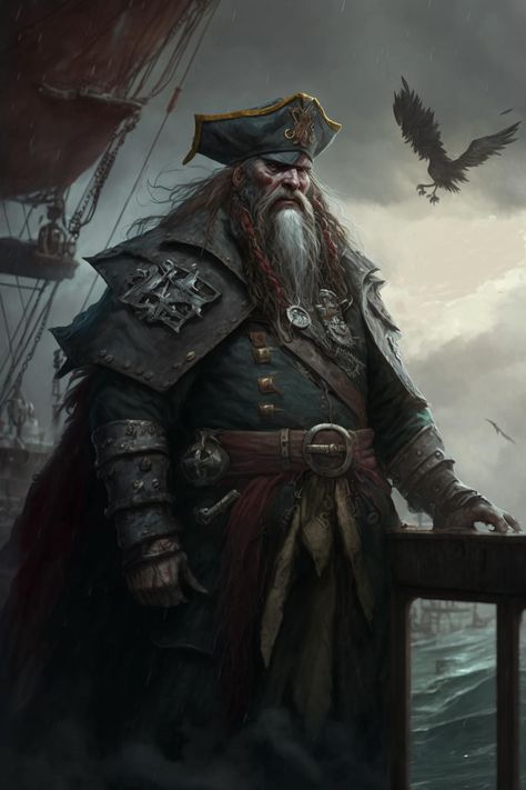 Wereshark Pirate, Goliath Pirate Dnd, Evil Pirate Art, Dnd Ship Captain, Pirate Character Concept Art, Pirate Captain Male, Old Pirate Character, Ship Captain Character Design, Fantasy Pirate Art Male