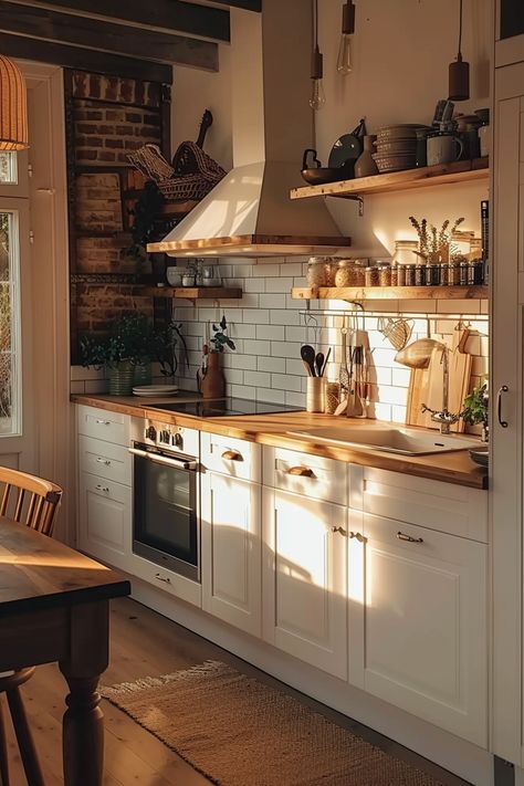 Cosy Cottage Kitchen Ideas, Small Home Cottage, Country Kitchen With Fireplace, Kitchen Modern Cottage, Cottage Core Modern Kitchen, Tiny Kitchen Interior Design, Cottage Minimalist Decor, Cottage Modern House Interior, Little Cottage House Interior