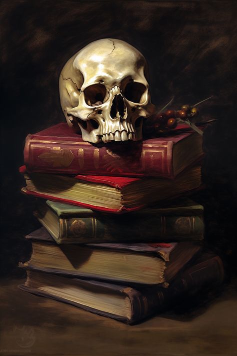 skull, book, oil painting, dark academia, dark academia decor Skull Books, Memento Mori Art, Skull Painting, Pop Art Painting, A Skull, Painting Still Life, Still Life Painting, Framed Canvas Prints, Art History