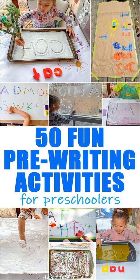 Pre-Writing Activities for Preschoolers - HAPPY TODDLER PLAYTIME Create fun and engaging pre-writing activities for preschoolers to help them practice their hand writing skills with these 50 simple to set up ideas! #preschool #preschoolactivities Pre-k Writing, Writing Activities For Preschoolers, Set Up Ideas, Writing Center Activities, Teach Preschool, Pre Writing Activities, Activities For Preschoolers, Preschool Writing, Preschool Literacy