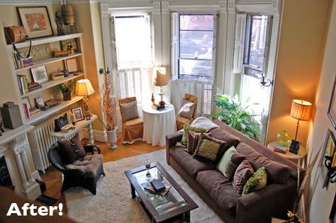 Just bought a dark brown sofa and trying to figure out how to make it work with my orange and white printed curtains...this may be the answer... Living Room With Bay Window Layout, Couch Placement, Living Room Couch Placement, Layout Apartment, Sectional Living Room Layout, Bay Window Living Room, Furniture Placement Living Room, Living Room Layout, Living Room Furniture Layout