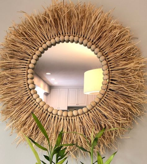 Handmade Round Shape Raffia Mirror With Unfinished Wood Bead, Gift, Boho Decor , Wall Art, Wall Hanging ,home Decor - Etsy Turkey Boho Mirror Decor, Raffia Mirror, Boho Mirrors, Boho Mirror, Floral Mirror, Bamboo Mirror, Hanging Wall Mirror, Diy Mirror, Diy Crafts For Home Decor