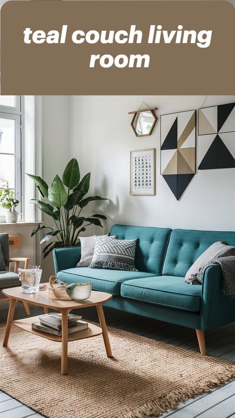 Embrace Scandinavian design with a teal couch, light wood furniture, and geometric wall decor for a chic living room. Teal And Wood Living Room, Teal Couch Living Room Decor, Living Room With Teal Sofa, Teal Sofa Living Room Decor, Teal Couch Living Room, Teal Sofa Living Room, Teal Couch, Teal Living Room Decor, White Walls Living Room