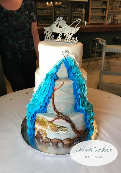 Fishing Theme Wedding Cake, Fishing Wedding Ideas, Fishing Cake Toppers, Fishing Wedding Cake, Cake Reveal, Fishing Wedding Cakes, Fishing Wedding Cake Toppers, Fishing Themed Wedding, Grooms Table