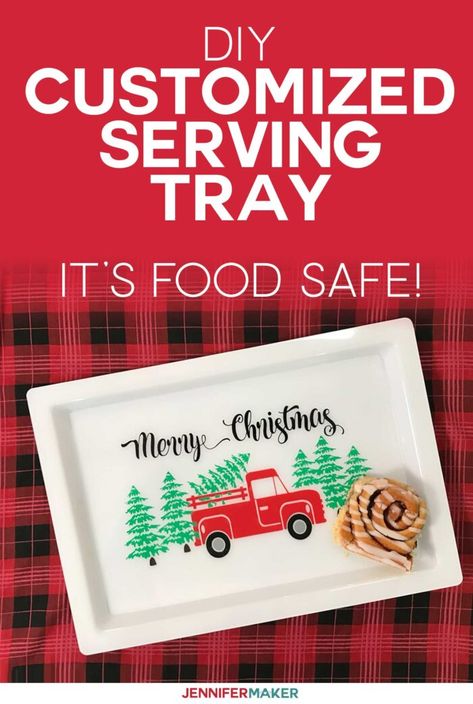 Make a Customized Serving Tray with vinyl that's food safe using your Cricut | Free SVG Cut File | #cricut #christmas #homedecor Serving Trays Design, Diy Drawer Dividers, Custom Serving Tray, Christmas Serving Tray, Jennifer Maker, Christmas Platter, Christmas Tray, Maker Project, Food Serving Trays