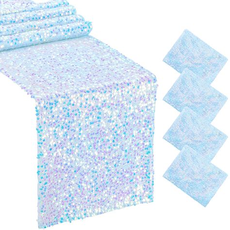 PRICES MAY VARY. Fabric Sparkly Table Runner Size: 4 Packs Blue table runner, measures approx 12 x 72 inches/ 30 x 180 cm, fits any table up to 6 feet in length, suitable for mermaid party decoration Durable and soft: Meramid table runner is made of 5MM round sequins material with mesh fabric backing. Reliable and not easy to drop, Wrinkle free, have exquisite edges, reusable. Glitter Sequin Surface: Table linen is embedded with glittering iridescent sequins just like mermaid scales, distinctive Under The Sea Birthday Party Table Decor, Disney Frozen Table Centerpieces, Frozen 3rd Birthday Party Decoration, Frozen Table Decorations, Elsa Party Decorations, Winter Wonderland Birthday Decorations, Mamma Mia Party Decorations, Iridescent Party Decorations, Frozen Table