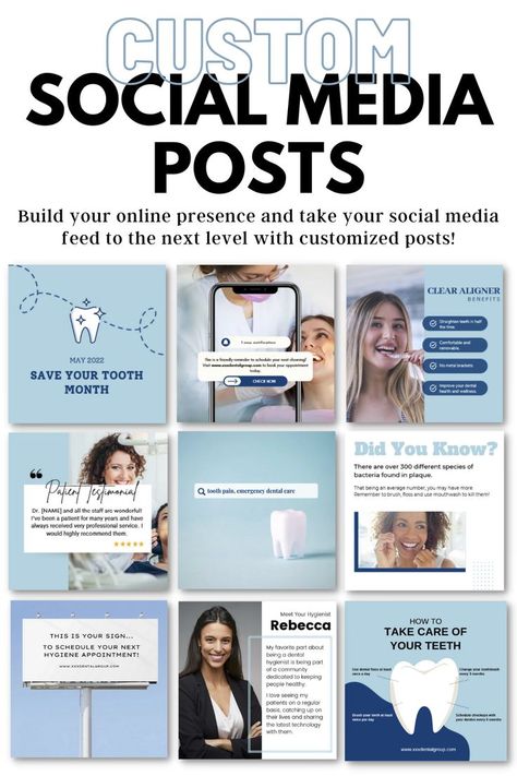 Upgrade your social media with engaging and customized social media posts. Healthcare social media, social media for dentists orthopedics hospital, social media feed, instagram asthetics Instagram Asthetics, Hospital Social Media, Dental Marketing Social Media, Healthcare Social Media, Dentist Social Media, Dentist Marketing, Dental Photos, Dental Social Media, Dental Posts