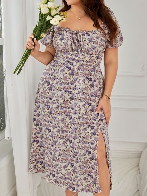 Multicolor Boho Collar Short Sleeve Woven Fabric Floral,All Over Print A Line Embellished Non-Stretch  Plus Size Dresses Plus Size Sun Dress, Sundress Plus Size, Plus Size Sundress, Split Thigh Dress, Floral Dress Outfits, Plus Size Summer Outfit, Vestido Plus Size, Causual Outfits, Curvy Dress