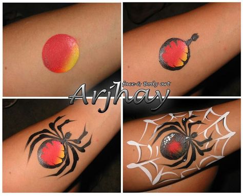 Spider. The butt is done with a rounded sponge loaded with two colors. Easy Face Painting Designs, Spider Tattoos, Face Painting Tips, Face Painting For Boys, Adult Face Painting, Cheek Art, Face Painting Tutorials, Arm Painting, Face Painting Easy