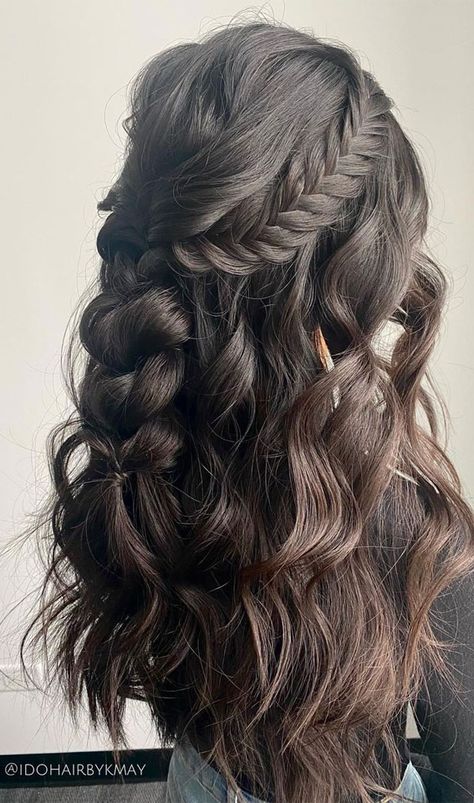 24. Crown Braided & Pull Trough Half Up There are unlimited hairstyles for long hair and Half up half down hairstyles  is one of... Hairstyles Crown, Bridal Hair Half Up, Bridemaids Hairstyles, Wedding Hair Half, Bridesmaid Hair Makeup, Quince Hairstyles, Half Up Half Down Hairstyles, Long Hair Wedding Styles, Prom Hairstyles For Long Hair