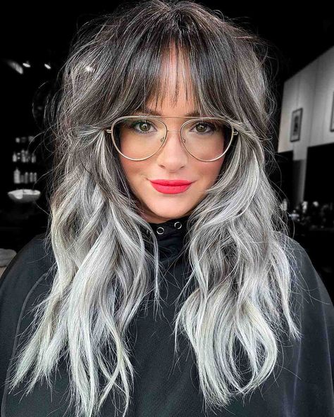 These 24 Black Ombre Hair Colors are Tending in 2021 Silver Ash Balayage On Dark Hair, Highlights With Peekaboo, Silver Hair Highlights On Black Hair, Black And Grey Hair, Black Hair Ombre, Grey Ombre Hair, Grey Hair Inspiration, Face Framing Curtain Bangs, Silver Hair Color