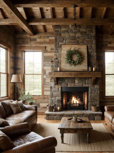 Rustic Industrial Fireplace, Rustic Kitchen Living Room Combo, Fireplace Ideas Cabin, Small Living Room Mantle, Fireplace With Stone And Wood, Farmhouse Fireplace Ideas Rustic Stone, Rock Wall With Fireplace, Casual Contemporary Living Room, Farmhouse Fireplace Ideas Joanna Gaines