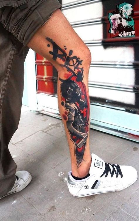 Surprise everyone with a chic tattoo on your leg! We've collected 50+ of the most unique and trendy male leg tattoo ideas and divided them into 9 groups. Tatuaje Trash Polka, Trash Polka Tattoo Designs, Tattoo Trash, Modern Art Tattoos, Tato Dada, Chic Tattoo, Graffiti Tattoo, Trash Polka Tattoo, Tattoo People