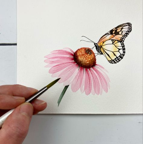 Easter Drawing Ideas, Butterfly Painting Easy, Easter Drawing, Butterfly On A Flower, Watercolour Butterfly, Echinacea Flower, Watercolour Tutorial, Watercolour Drawings, Butterfly On Flower